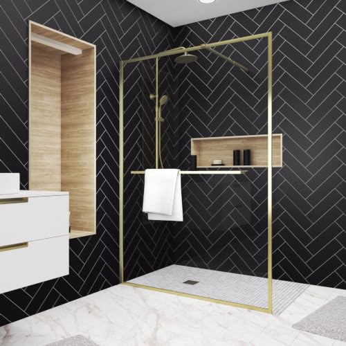 Paroi de Douche Or Doré Brossé 140x200cm - Porte-Serviette et Etagère
