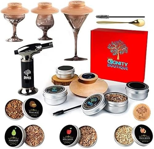 Dignity Boutique Cocktail Smoker Kit – Premium Old Fashioned Cocktail Kit Whiskey Smoker Kit Includes 4 Wood Chips, Torch, Cover – Smoking Accessories Bourbon Gifts for Men
