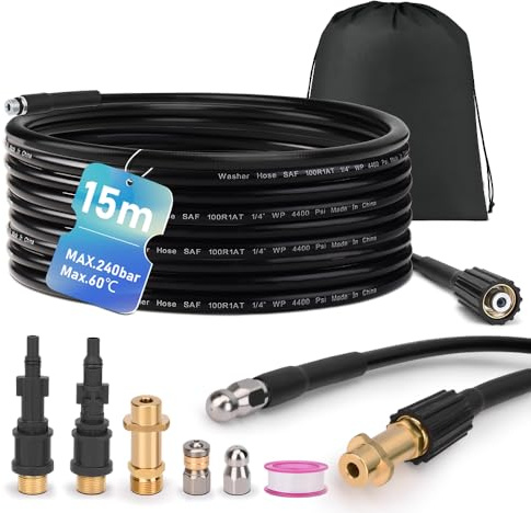 15m Rohrreinigungsschlauch Kompatibel mit K2 K3 K4 K5 K6 K7, 240 bar | 3 Adapter, 2 Düsen starr+rotierend Kompatibel mit LAVOR BOSCH PARKSIDE Hochdruckreiniger Rohrreinigungsset Hochdruckschlauch