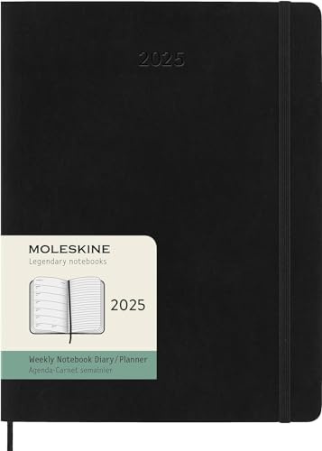 Moleskine Weekly Planner, WochenPlaner mit Platz für Notizen für 12 Monate 2025, Weicher Einband und Elastischer Verschluss, Farbe Schwarz, Extra Großes Format 19x25 cm
