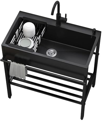 Spülbecken Edelstahl Schwarz,Küchenspülen,Ausgussbecken,Spüle Mit Unterschrank,Spülenschrank Mit Armatur,Outdoor Spüle,Freistehende Waschbecken,Mobiles Waschbecken,Für Badezimmer,Garage (Size : 90x45
