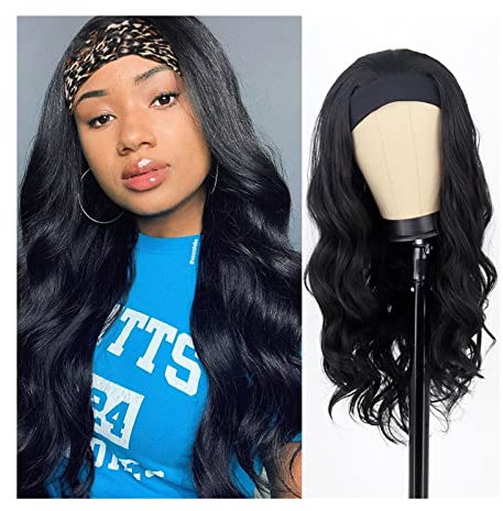 Peluca Peluca con diadema ondulada de cuerpo largo for mujer, 24 pulgadas, color negro natural, sin pegamento, rizada larga, sintética, con diadema, aspecto natural for uso diario en fiestas Peluca Ho