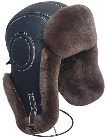 bomhys Russische Mütze Winter-Herren-Bombermütze Aus Kunstpelz, Uschanka-Kappe, Trapper-Russian-Ski-Trooper-Hüte, Lederkappen, Dunkelbraun, 59–60 cm