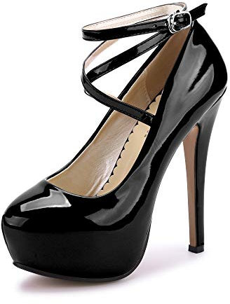 Tianerhay Damen Stiletto High Plateau Heels Runde Zehen Knöchelriemen Plateau Pumps Party Kleid Absatz, Beigefarbene Sohle, Polyurethan, Schwarz, 43 EU