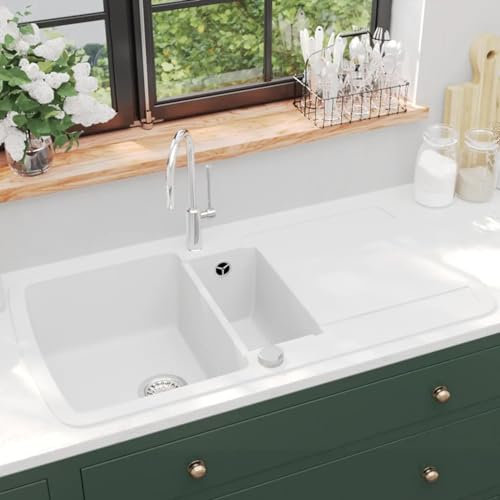 qohoio Évier de Cuisine Granit Double lavabo Blanc Evier Multifonction,Lavabo Cuisine,Douchette Evier Cuisine