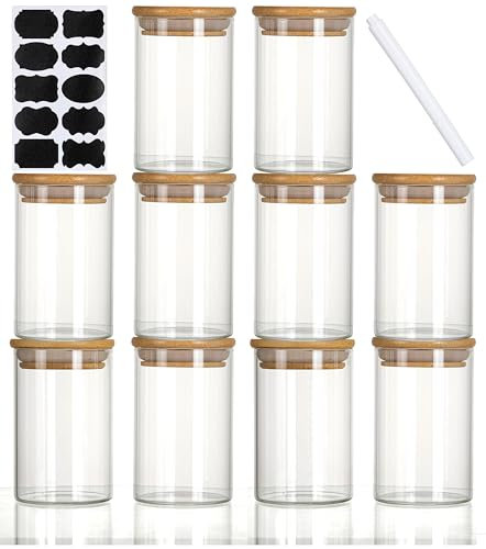 HOMCLASSY Pack 0f 10 250ml Glass Jars With Airtight Bamboo Lids Labels and Chalk, Borosilicate Glass Storage Containers, Spice Jars Set for Tea Coffee Herbs Beans Candies Jellies, Size 10 * 6.5cm