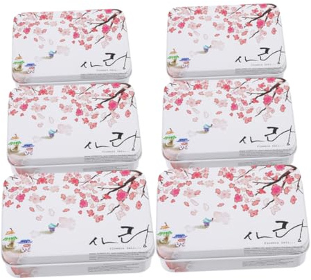 Operitacx 6Pcs Rectangular Tin Box Storage Containers Decorative Cherry Blossom Design Metal Tinplate Lids Practical Jewelry and Trinket Organizer