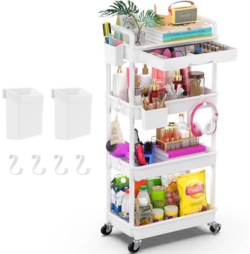 Yeabett 4 Etagen Aufbewahrungswagen mit Schublade, Allzweckwagen mit Kunststoffablage & feststellbaren Rädern, multifunktionaler Aufbewahrungswagen für Küche, Bad, Büro, Wohnzimmer, Weiß
