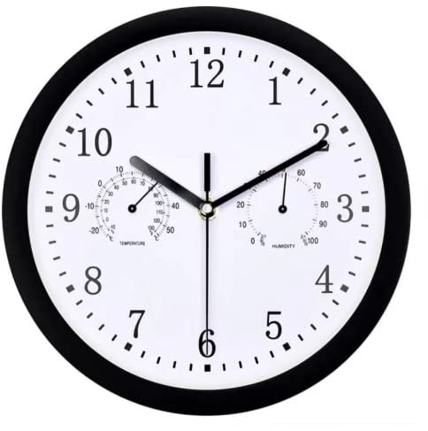 haohang Horloge Murale De 10 Pouces, Horloge Murale Ronde Et Silencieuse Moderne, Horloge À Quartz De Chambre À Coucher avec Thermomètre Et Hygromètre, Horloge À Piles pour Salon Et Maison(Black)