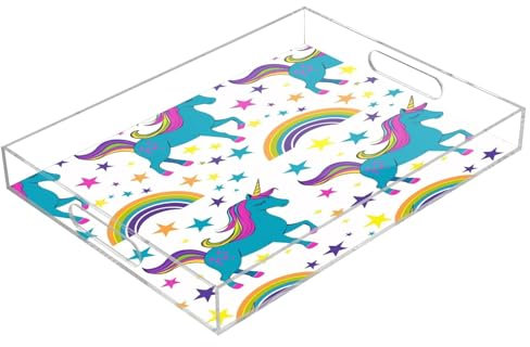 Star Unicorn and Rainbow Acrylic Serving Trays, Clear Rectangular Tray with Handles Serving Platter for Coffee Table Kitchen Bathroom