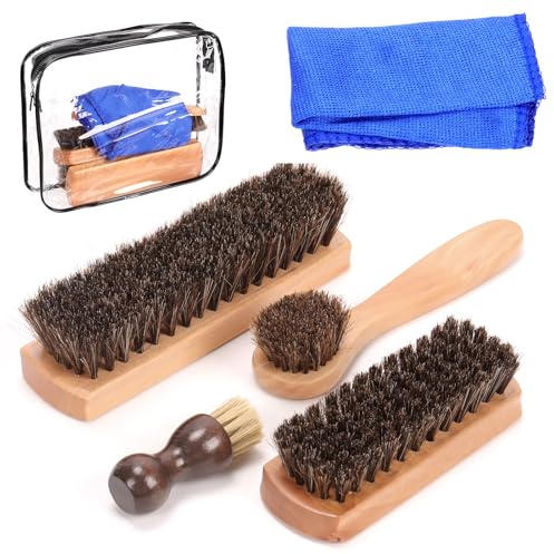 Rustark Kit di 6 spazzole in crine di cavallo in 3 stili con panno in microfibra e crine di cavallo, spazzola per scarpe in pelle e stivali, spazzola per la pulizia di scarpe in pelle e applicatore