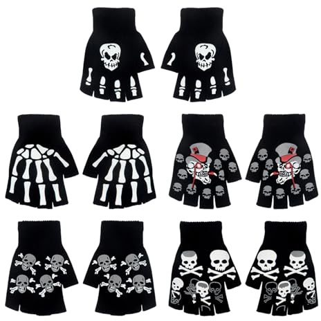 SLEEKEE 5 Paar Handschuhe Mit Totenkopfmuster, Fingerlose Handschuhe, Modische Persönlichkeitshandschuhe, Fahrradhandschuhe, Strickhandschuhe, Warme Handschuhe