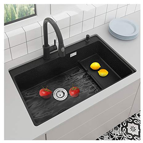 WOTZOV Allzweckspüle Quarzsteinspüle Einzelbecken Schwarze Küchenspüle Unterbauspüle Großraumspüle Granitspüle Küchenspüle,Eine Farbe B