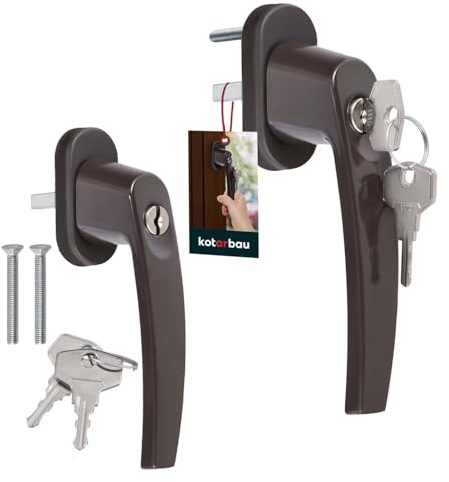 KOTARBAU® Uppsättning av 2 fönsterhandtag, låsbart brunt aluminium, pulverlackerat fönsterhandtag med lås, låsbara fönsterhandtag, penna 35 mm, fönsterlås, barnsäkring, fönsterhandtag, låsbar