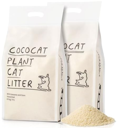 Cococat Arena para gatos de yuca, hecha para cajas de arena automáticas (bolsa de 2 x 2,5 kg/6 litros), fuerte aglomeración, sin perfume para un excelente control de olores, sin polvo, fácil recogida