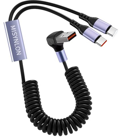MISYNLON Câble répartiteur USB C spiralé à 90 degrés USB A vers double USB C Câble de charge rapide Multi 2 en 1 Cordon à ressort de type C Synchronisation des données, pour ordinateur portable IP 15