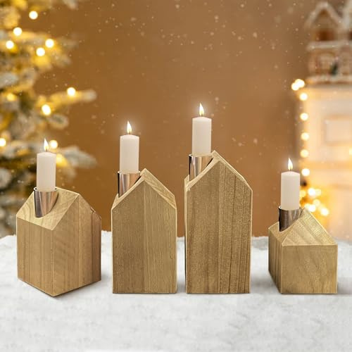 Corona de Adviento de madera – Portavelas alargado, moderno, forma de casa, con 4 soportes de aluminio, para Navidad, salón, mesa, decoración, para velas de 2,5 cm de diámetro
