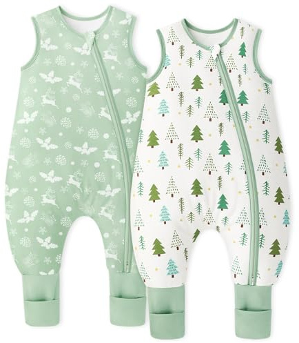 Unnivoll Baby Schlafsack mit Füßen 1,5 Tog 2er Pack Schlafsack Baby Baumwolle Ganzjahre Schlafsack mit Beinen Babyschlafsack Weich 80 cm für Jungen Mädchen Grüner Baum