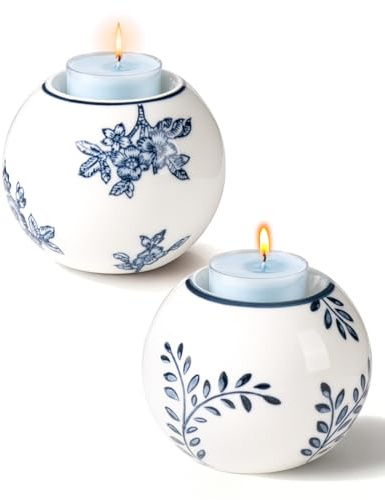 Magclay Ceramic Tealight Candle Holder, Chinoiserie Candlestick Holder for Taper Candle, Blue and White Decor, Flowers and Branches/Leaf, Set of 2