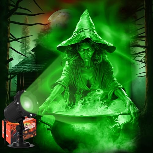 Fiada Luces Decorativas de Halloween Impermeables Proyector Dinámico de Luces de Calavera Fantasma Exteriores Interiores Lámpara LED de Paisaje para Jardín Fiestas(Verde,Bruja)