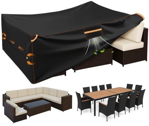 GARPROVM Abdeckung für Gartenmöbel Wasserdicht, 350x260x90cm XXL Abdeckplane Gartenmöbel, 420D Oxford mit Belüftung Anti-UV Wetterfest Schutzhülle für 8-12 Sitzgruppe Große Loungemöbel Terrassenmöbel