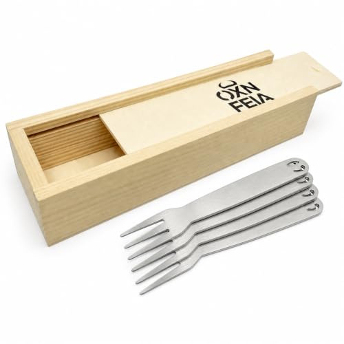 OXNFEIA® Pommesgabeln Edelstahl 4 Stk. mit Holzbox - Rostfrei & Langlebig | Wiederverwendbare & nachhaltige Pommes Gabeln – Spülmaschinenfest & ideal für Currywurst, Snacks oder das nächste Picknick