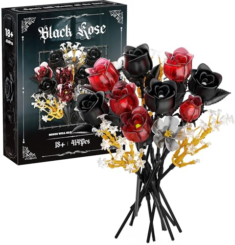 Jurair Gothic Blumenstrauß Bausatz für Erwachsene Rose Botanical 414 Teile | Klemmbausteine Dekorationsset für Büro & Heim, Personalisierte Geschenke für Frauen zu Valentinstag & Halloween