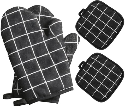 4 Pcs Black Oven Gloves Heat Resistant & Pot Holders, Lattice Double Sided Non Slip Oven Mitts Pair,Cotton Kitchen Gloves for Hot Food Grilling Cooking Baking Kitchen Microwave BBQ