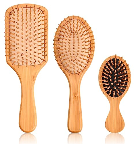 3 peines de masaje con cojín de aire de bambú y haya, cepillos de madera para el cabello, cepillo para desenredar suave, cepillos ovalados antiestáticos para el cabello con bolsa de aire