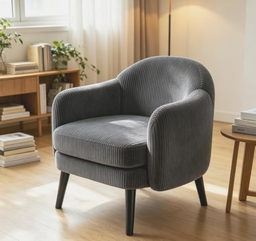 Bonnlo Sessel Gepolsterter Cocktailsessel, Moderner Loungesessel für Wohnzimmer, Lesesessel, Clubsessel, bis 113 kg belastbar, Schlafzimmer, Büro oder Wartebereich (Cord-Stoff, Dunkelgrau)