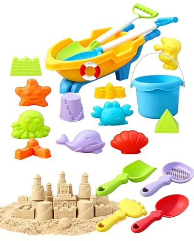 Sandspielzeug Set 19-teilig – Sandkasten Spielzeug mit Eimer, Sandförmchen, Schaufel & Praktischem Wagen, Strandspielzeug, Sandelsachen, Buddelzeug, Sand Spielzeug ideal für Strand & Outdoor (19 PCS)