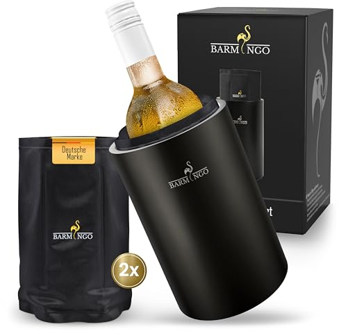 BARMINGO Enfriador de vino de acero inoxidable con acumuladores de frío – Enfriador de bebidas y enfriador de botellas para vino, champán, doble pared con manguitos de refrigeración, enfriador de vino