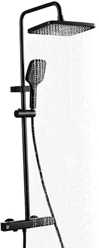 Thermostatic Shower Mixer Set, Complete Rainfall Shower System, Black | Modern Bathroom Shower Set with Square Rainfall Overhead, Handheld & Tap, for UK Bathrooms