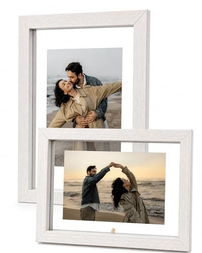 Juego de 2 Marcos de Fotos Flotantes 15x20cm, Doble Panel Acrílico Transparente, Marco de Madera para Mesa, Uso Vertical y Horizontal, Ideal para Decoración del Hogar y la Oficina, Blanco