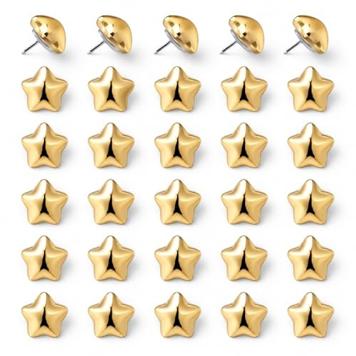 30pcs Star Push Pins, Gold-Colored Star-Shaped Thumb Tacks | Cute Decorative Drawing Push Pins Suitable for Pinboard Notice Bulletin Cork Board Map Photo Wall Home School Office Supplies