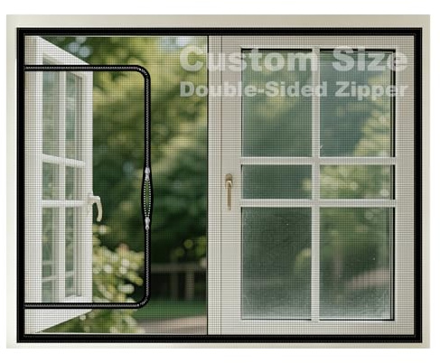 Mosquitera para Ventana A Medida Anti-Gatos con Cremallera, Doble Cursor, Cinta Autoadhesiva Sin Taladrar, Protección Anti-Insectos Malla Nano, Negro o Blanco
