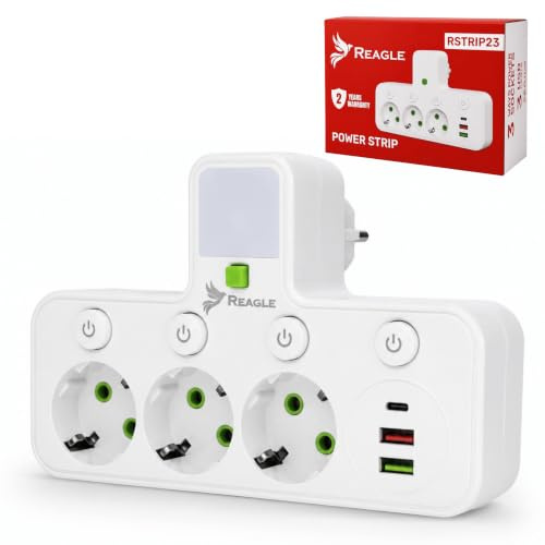 Reagle Mehrfachstecker Steckdosenleiste 3 Fach 230V, Mit 3 USB Ports 2X USB A 1x USB C Und LED Nachtlicht 2500W Wandsteckdose Mit Einzelschaltern Überlastschutz Für Zuhause Büro Weiß