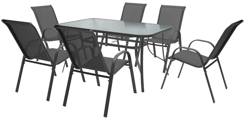 IlGruppone Set Tavolo Sedie da Giardino 7 Pezzi, Tavolo da Pranzo Terrazzo in Metallo Piano in Vetro con Foro Ombrellone 6 Sedia - Grigio