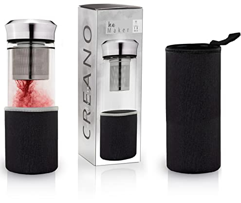 Creano Teebereiter Teamaker - Teeflasche to go aus Glas mit Sieb für losen Tee inkl. Neoprentasche | 400ml (Schwarz)