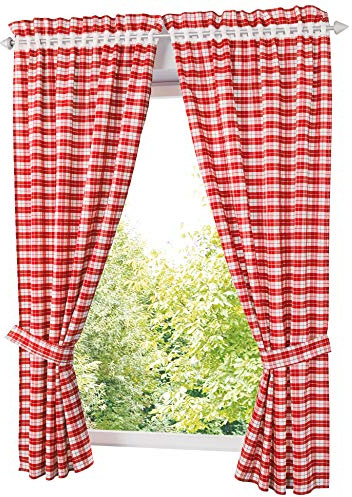 BAILEY JO 1 Paire Rideaux en Fils de Coton Imitation Joint Rouge LxH/80x120CM Tissu en Treillis Rideaux Courts Passe Tringle avec Broderie Décoration de Fenêtre Chambre/Salle de Bain/Cuisine/Café