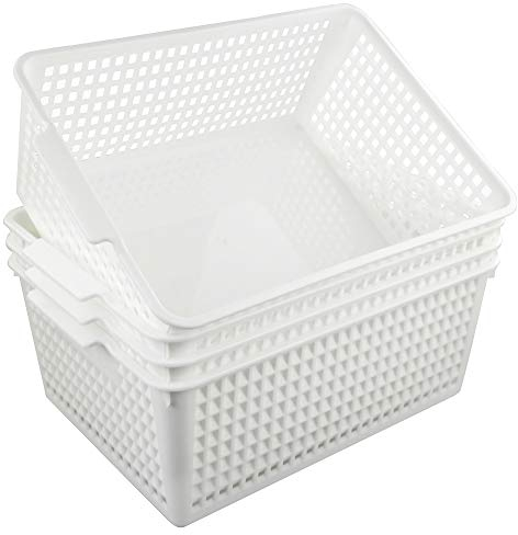 Fosly Large Rectangular Storage Baskets, Set of 4, White Plastic Basket Boxes Bin