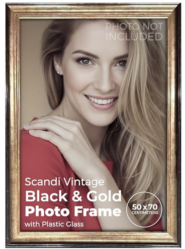 FRAMES BY POST Scandi Vintage Bilderrahmen 50 x 70 cm (Kunststoffglas) Schwarz & Gold