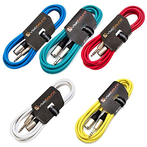 Male XLR to 6.35mm Stereo TRS Jack Lead Audio Cable 5 Pack (Multi, 3m) | 5 x Noiseless OFC Balanced Signal, Audio, Speaker, Patch Cable / 8 Colours