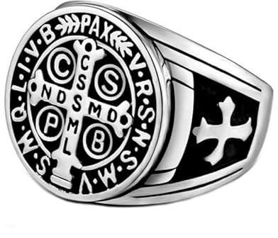 BOBIJOO Jewelry - Bague Chevalière Homme Croix Saint Benoît Protection Démon Acier Argenté Noir - 58 (8 US)