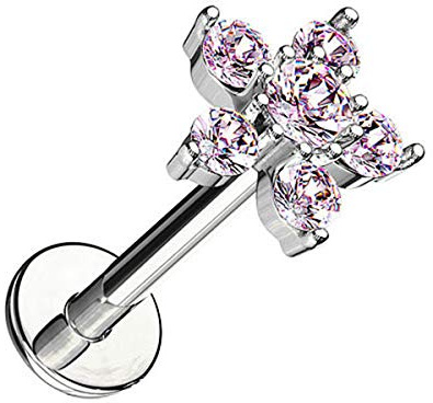 Piersando Piercing Stecker Innengewinde Edelstahl mit Kristall Blume für Lippe oder Ohr
