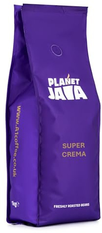 Planet Java Super Crema Full Medium Roast Coffee Beans 1kg Bag, Roasted in Small Batches in The UK, Espresso Blend for All Coffee Machines