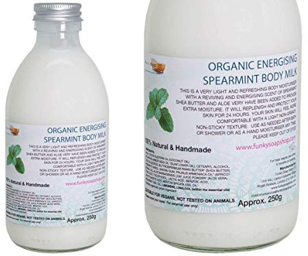Funky Soap Bio-Körpermilch, energetisierend, grüne Minze, plastikfrei, Glasflasche, 250 ml