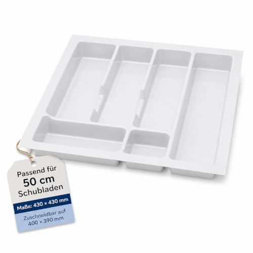 ALUSFERA Besteckkasten für Schubladen 50 cm – Schubladen Organizer mit Fächeraufteilung – Hochwertiger Schubladen Organizer Küche für Mehr Ordnung – Anpassbar und leicht zu reinigen -430x430mm Weiß