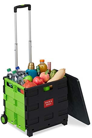 Relaxdays Einkaufstrolley klappbar, bis 35 kg, 50 l Kiste, mit Teleskopgriff, 2 Rollen, Transport Trolley, grün/schwarz, 1 Stück