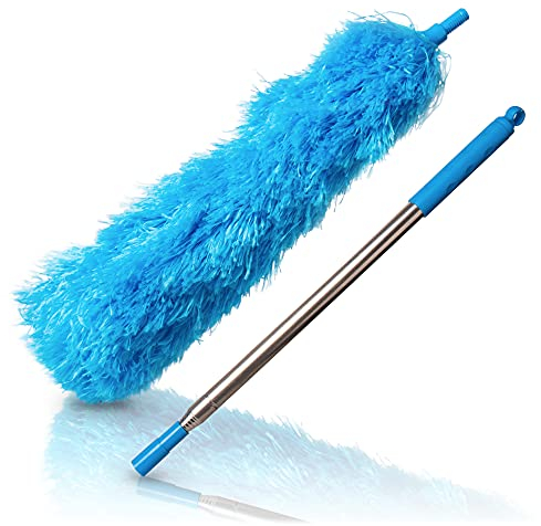 Amazy Spolverino telescopico, lavabile e flessibile, in microfibra, con manico estensibile in acciaio inossidabile fino a 210 cm, per radiatore, polvere, ragnatela, soffitto blu